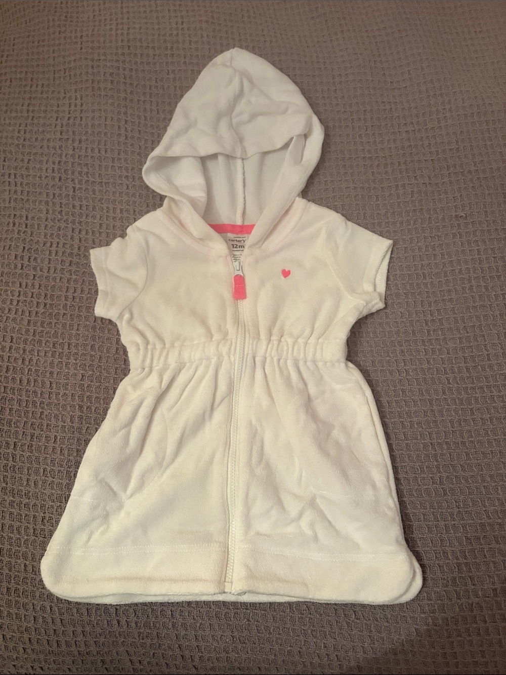Carter's Terry Cloth White Hooded Short-Sleeve Zip Dress with Pink Heart Accent